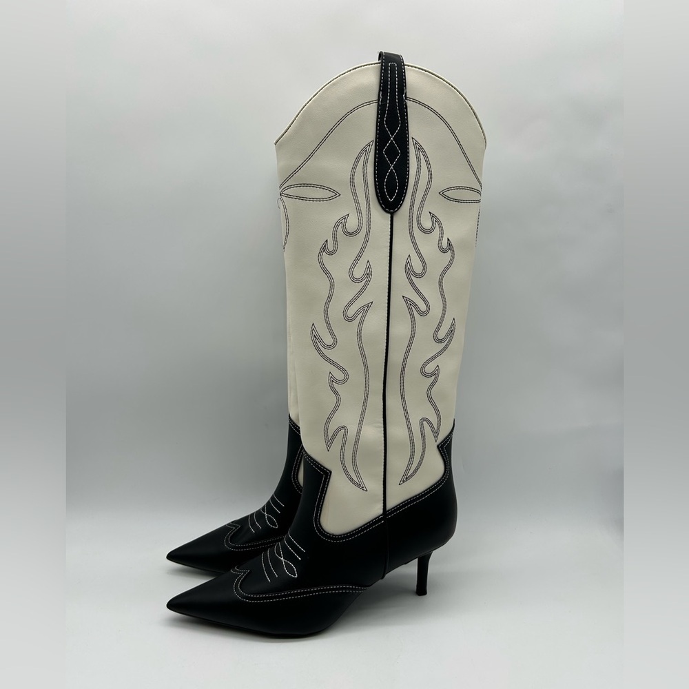 INC Hayleigh Knee-High Cowboy Vegan Boots | Black & Bone Size 7M | New With Box - Picture 5 of 11